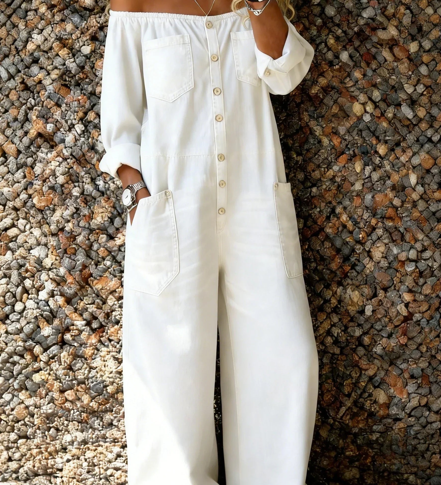 Noa | Denim Yksiosainen Puku Off-Shoulder Kaula-aukolla