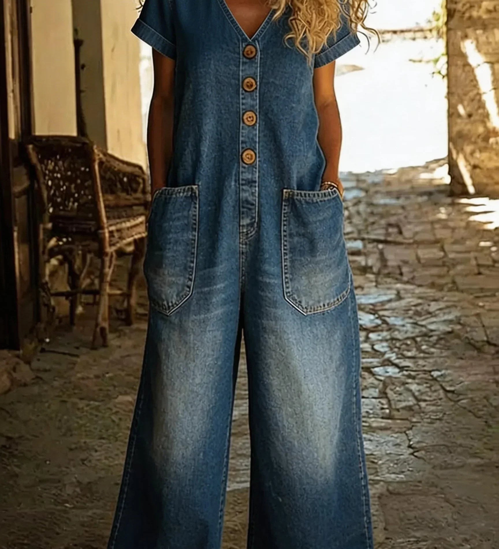 Denise | Denim Yleisöhaalari V-päällä ja Lyhyillä Hihoilla