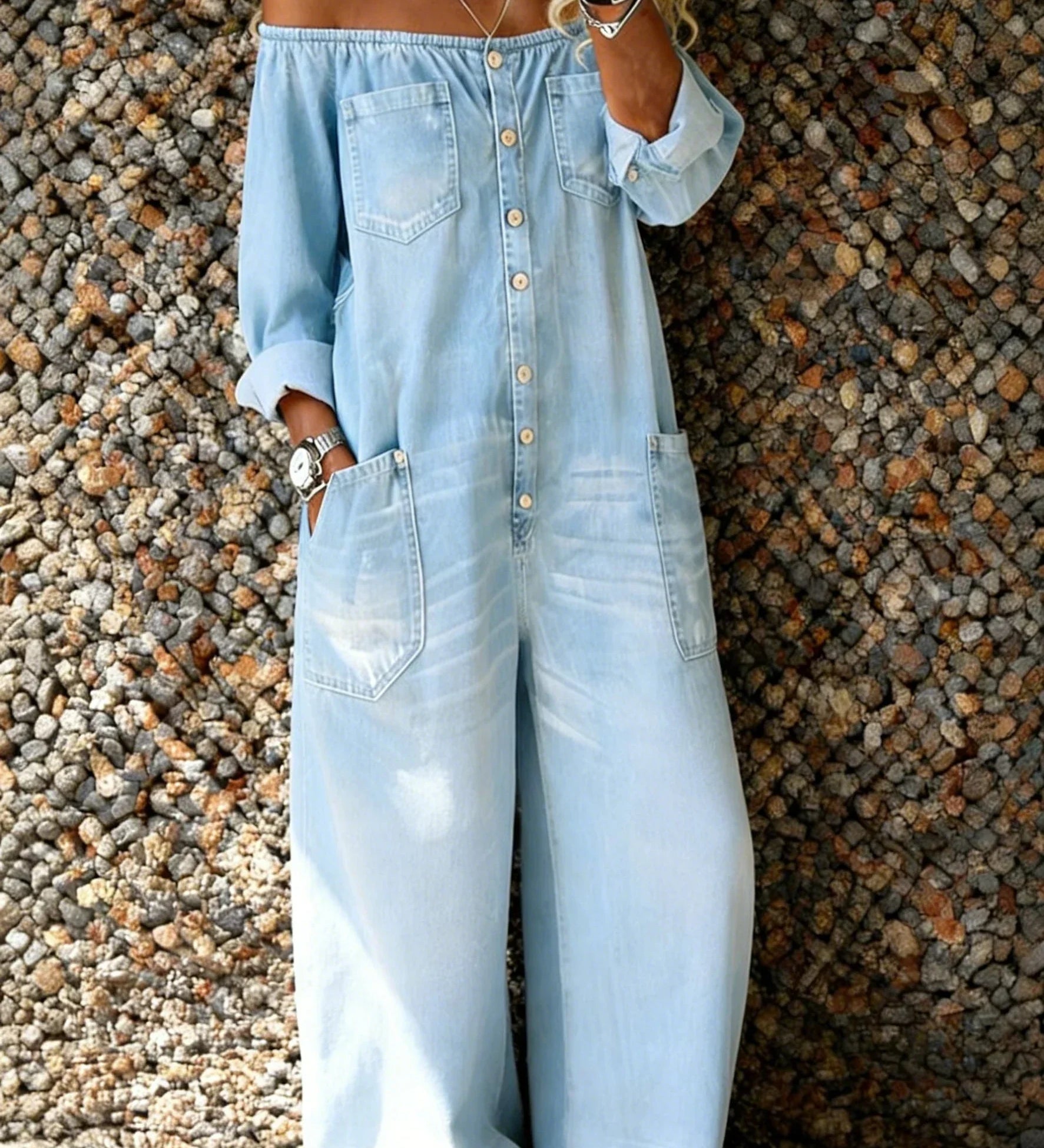 Noa | Denim Yksiosainen Puku Off-Shoulder Kaula-aukolla