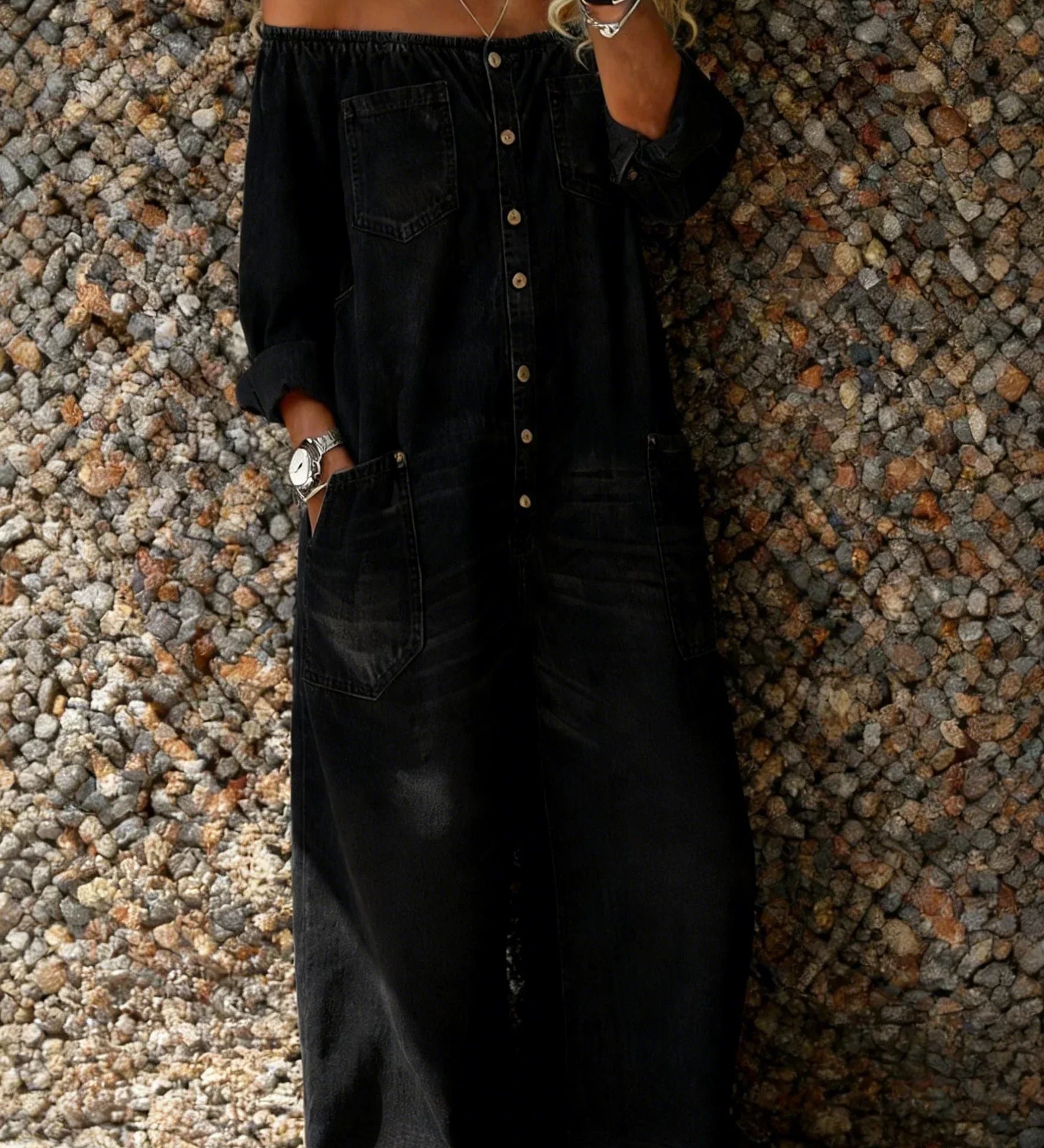 Noa | Denim Yksiosainen Puku Off-Shoulder Kaula-aukolla