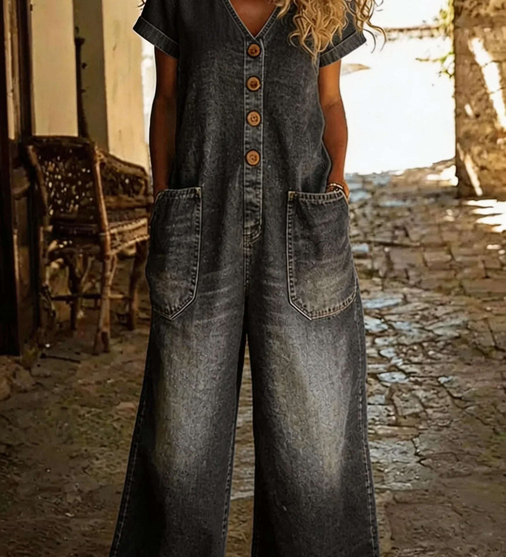 Denise | Denim Yleisöhaalari V-päällä ja Lyhyillä Hihoilla